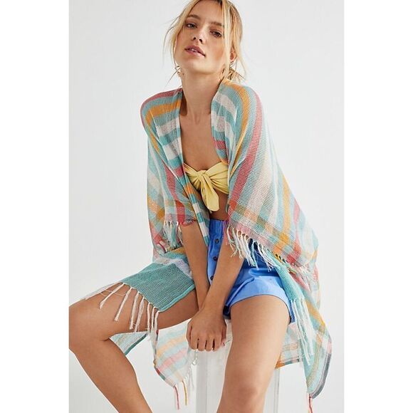 Free People Tan Lines Woven Kimono Size OS - Picture 2 of 8